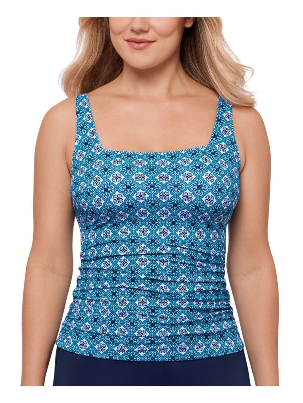 NWT Swim Solutions Printed Tummy-Control Tankini Swim Top Tile Together Blue 16